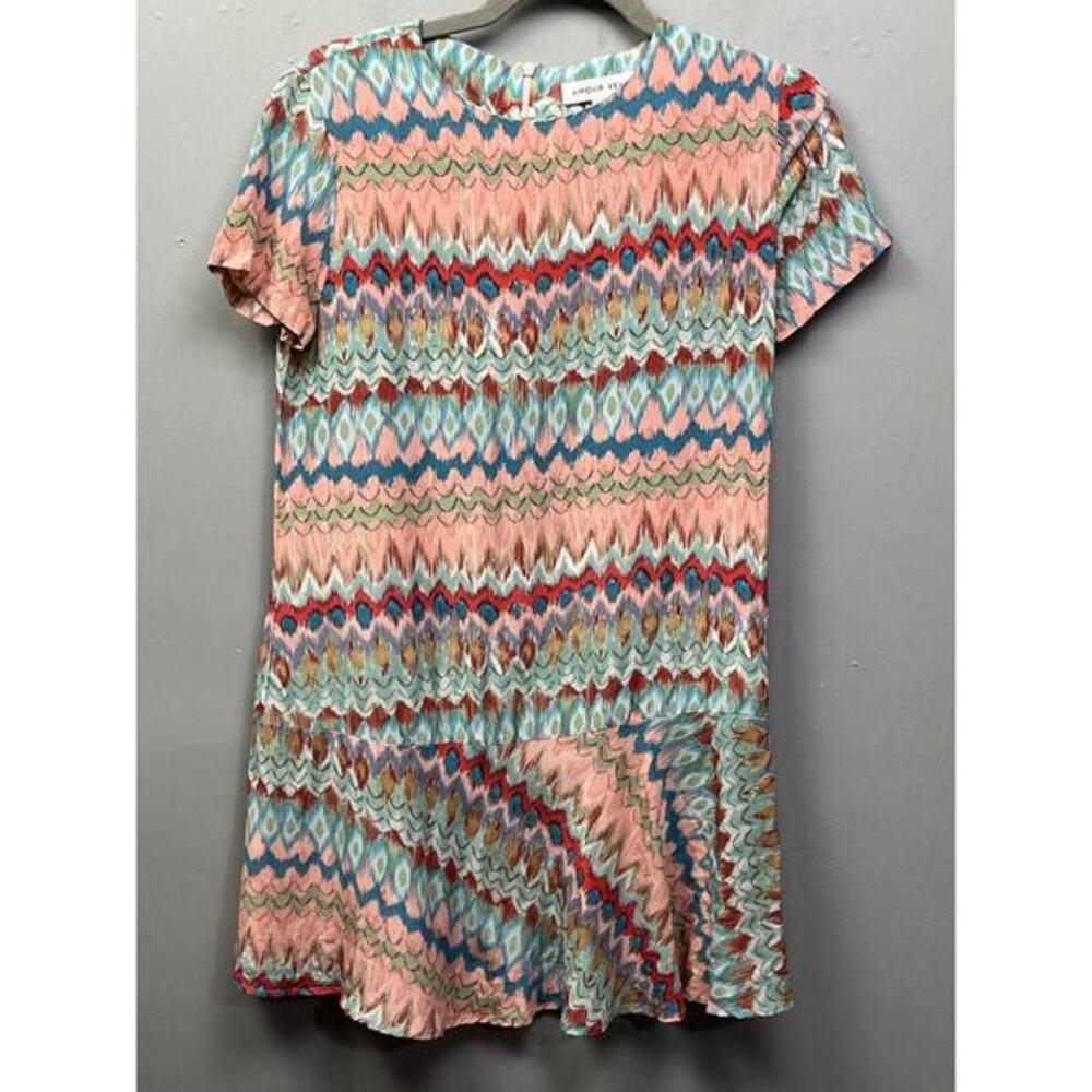 Amour Vert Womens size small Short Sleeve Drop Waist Silk Blue Pink Short Dress